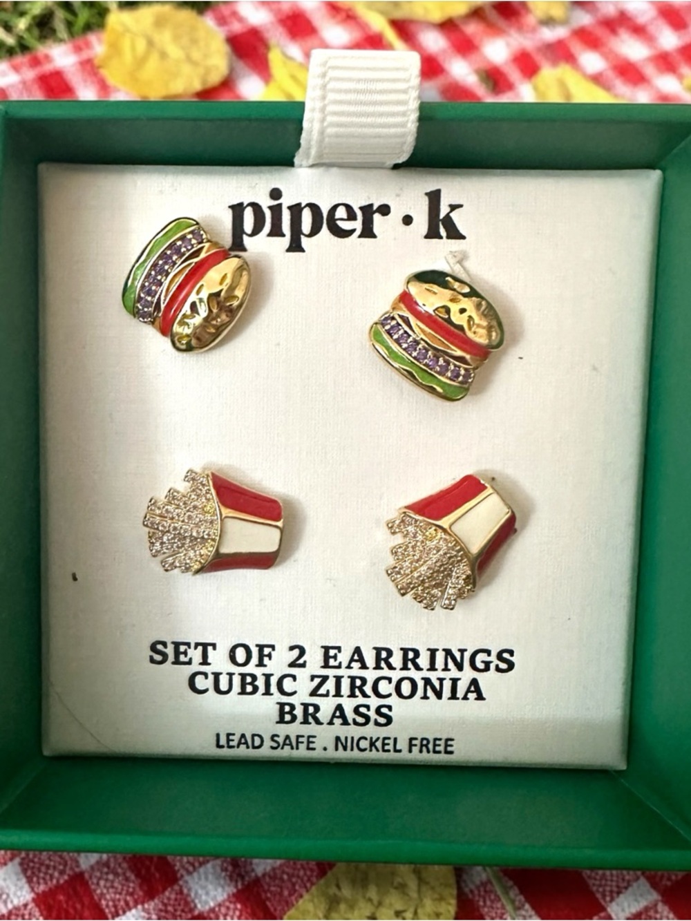 piper·k Gold-Tone Novelty Earrings Set Fries & Burgers Accents New In Box